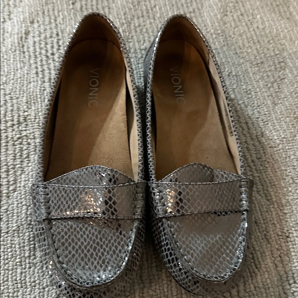 Vionic Chill Larrun loafer in metallic snake-print leather